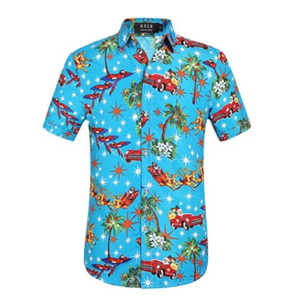 SSLR Men's Christmas Vacation Hawaiian Shirt Blue Medium NWOT - Picture 1 of 8
